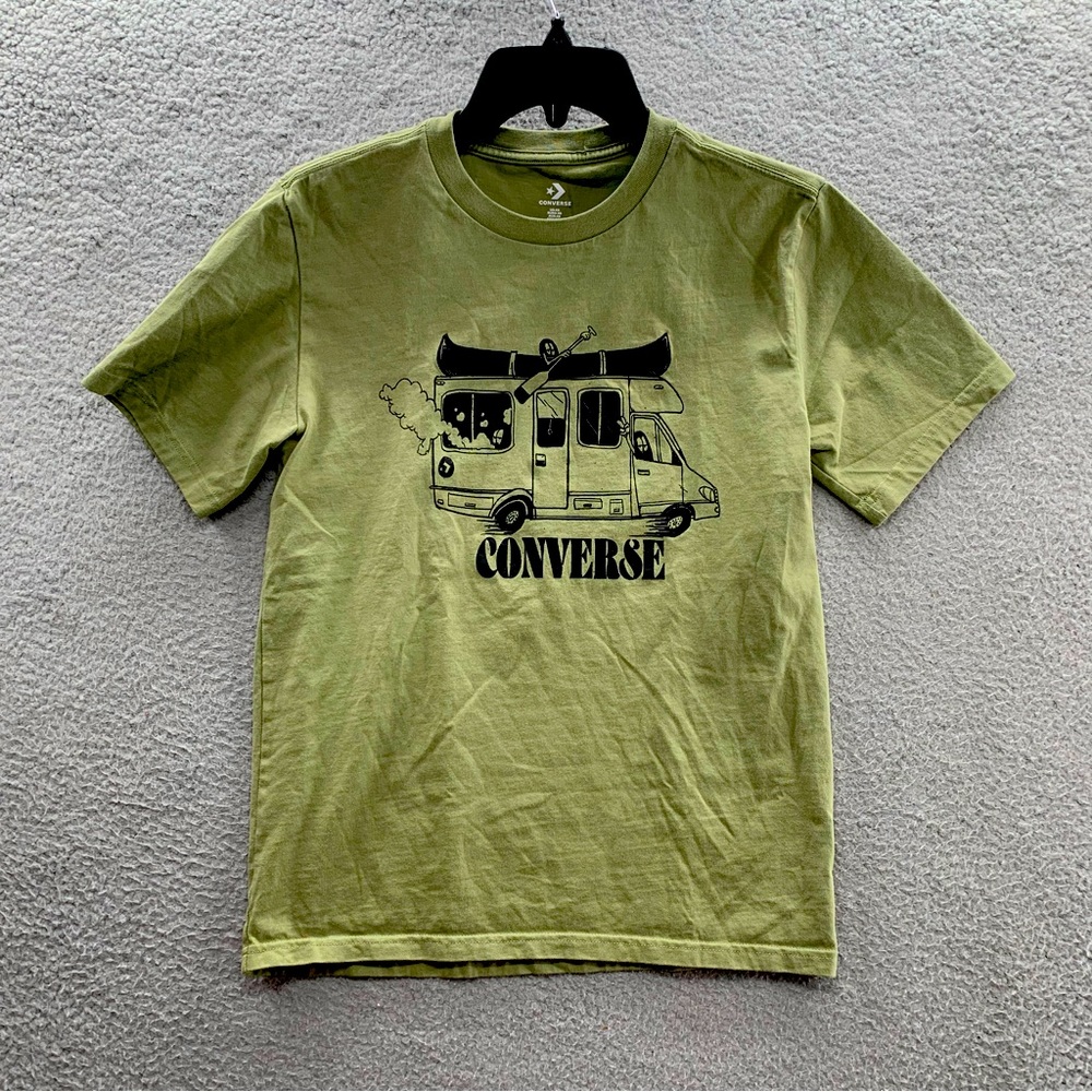 Converse Women All Star Army Green Truck Kayak Logo Graphic T-Shirt Tee Size XS
